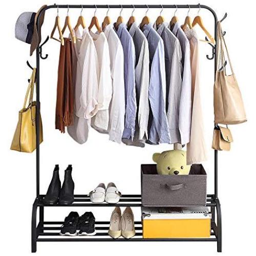 Clothing Garment Rack with Shelves, Metal Cloth Hanger Rack Stand Clothes Drying Rack for Hanging Clothes,with Top Rod Organizer Shirt Towel Rack and Lower Storage Shelf for Boxes Shoes Boots, Black