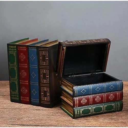 Chris.W Wooden Antique Book-Like Bookends with Hidden Storage Boxes Classic Decorative Library Book Ends, Set of 2(Large + Small)