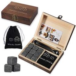 Whiskey Stones Gift Set - 9 Natural Unique Granite Chilling Whiskey Rocks - Velvet Storage Pouch and Stainless steel Tong in Wooden Gift Box