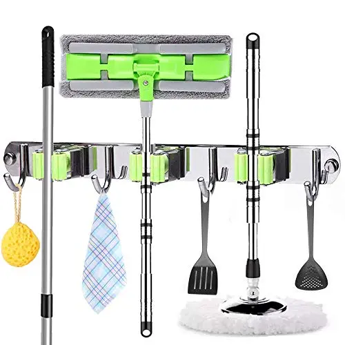 Broom Mop Holder, Upgraded Heavy Duty Stainless Steel Wall Mount Hanger Storage Systems Tools, Screws or Self Adhesive 3M Broom Organizer with 3 Racks 4 Hooks for Kitchen Bathroom Office Garden Garage