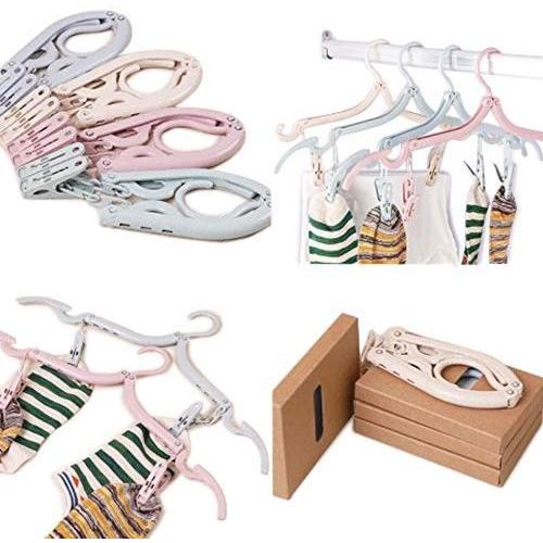 SuperSWK Pack of 4 Plastic Portable Foldable Travel Non Slip Grooves Clothes Hangers Hook Rack with 8 Hanger Clips for Scarves Suits Trousers Pants Shirts (Pink, Blue, Beige, Green)