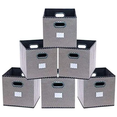 Onlyeasy Foldable Storage Bins Organizer with Label Holders - Set of 6 Cloth Storages with Dual Plastic Handles for Cubby Bookcase Shelves Closet, 12x12x12inch, Grey Stripe, 7MXBB06PL Onlyeasy Foldable Storage Bins Organizer with Label Holders - Set of 6 Cloth Storages with Dual Plastic Handles for Cubby Bookcase Shelves Closet, 12x12x12inch, Grey Stripe, 7MXBB06PL