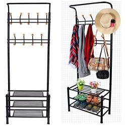 Peatao Heavy Duty Garment Rack Multi-Purpose Coat Clothes Stand with 3-Tier Shoes Rack and Hanger Bar