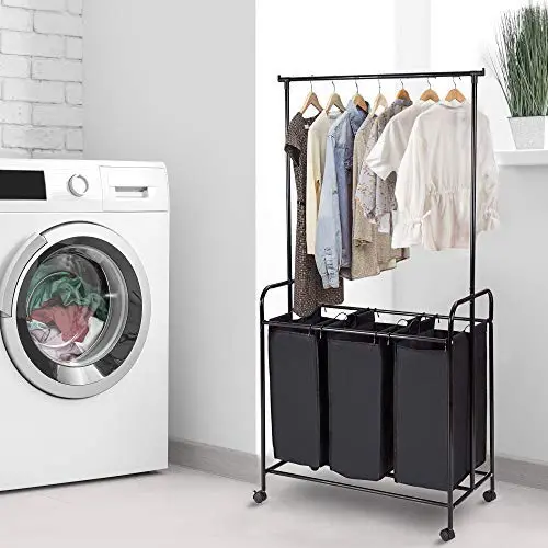 SHAREWIN Rolling Laundry Sorter Cart, Hanging Bar Laundry Hamper 3 Section Heavy-Duty with Wheels SHAREWIN Rolling Laundry Sorter Cart, Hanging Bar Laundry Hamper 3 Section Heavy-Duty with Wheels