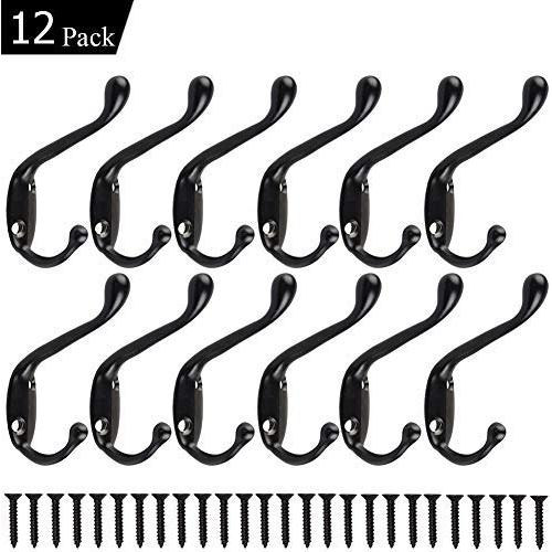 12 Pack Heavy Duty Coat Hooks Wall Mounted Hardware Dual Prong Retro Rustic Dual Hooks for Hats, Coats, Clothes, Towels, Bag, Key Hanger (Black 12 Pack)