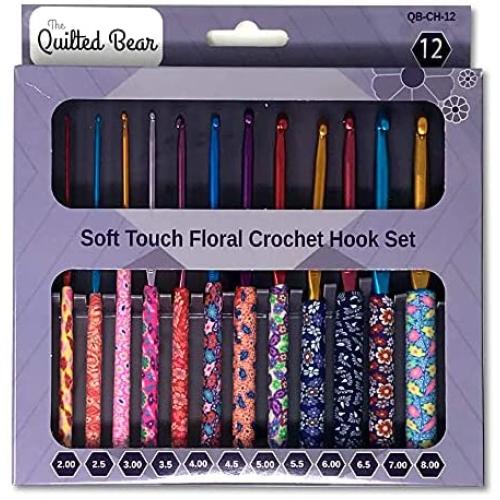 The Quilted Bear Crochet Hook Set - Premium Soft Grip Floral Crochet Hooks with Ergonomic Polymer Clay Handle 12 Hook Set (2mm, 2.5mm, 3mm, 3.5mm, 4mm, 4.5mm, 5mm, 5.5mm, 6mm, 6.5mm, 7mm & 8mm)