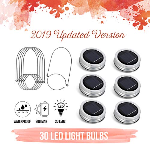 [Upgraded] Solar Mason Jar Lid Lights 30 LEDs - 800mAh Battery | Outdoor Decor, Patio Garden Decor, Solar Lantern Table Light | 6-Pack Hangers and Lids String Fairy Firefly Lights/No Jars