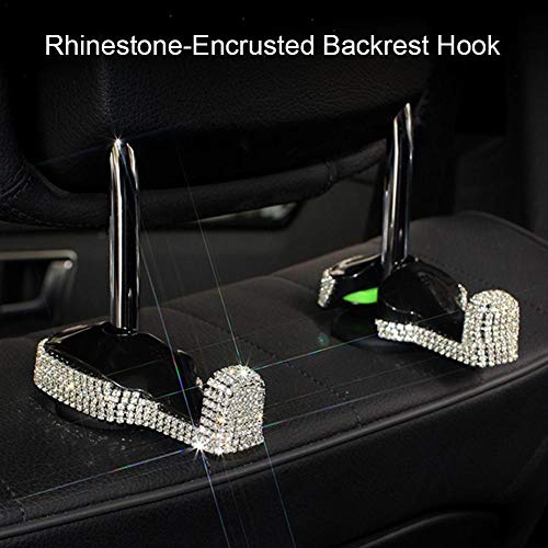 2 Pack Car Vehicle Back Seat Headrest Hook Hanger Storage for Purse Groceries Bag Handbag Car Back Seat Hidden Hook Headrest Hanger with Bling Diamond