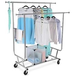 Cypressshop Heavy Duty Double Rail Bar Adjustable Rolling Cloth Garment Rack Hanger Steel Durable Trolley Clothing Hanging Rack Collapsible Clothes Dryer Indoor Outdoor Home Furniture