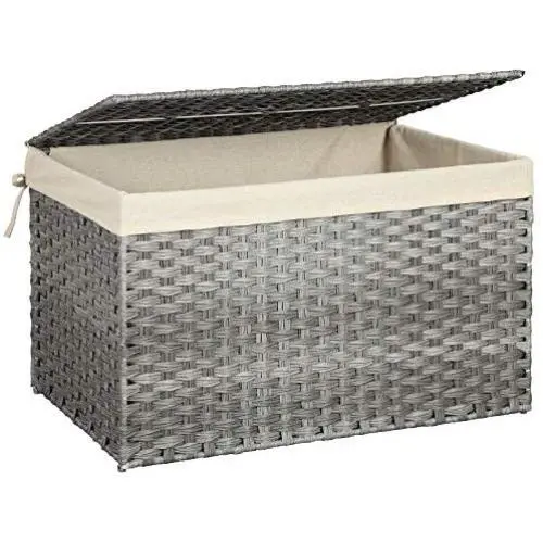 SONGMICS Storage Chest with Cotton Liner, Storage Trunk Rattan-Style, Laundry Hamper with Lid and Handles, for Bedroom Closet Laundry Room, 29.9 x 17.7 x 18.1 Inches, Gray URST76WG SONGMICS Storage Chest with Cotton Liner, Storage Trunk Rattan-Style, Laundry Hamper with Lid and Handles, for Bedroom Closet Laundry Room, 29.9 x 17.7 x 18.1 Inches, Gray URST76WG