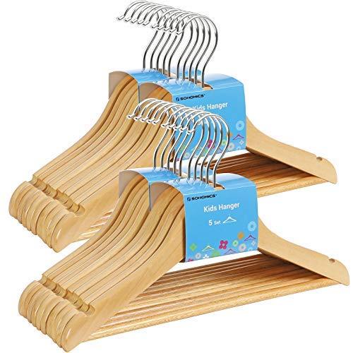 SONGMICS 20-Pack Solid Wood Children’s Hangers, Robust Kid’s Clothes Hangers, with Trousers Bar, Shoulder Notches, 360 Degree Swivel Hooks, 12.6 x 0.5 x 7.5 Inches, Natural UCRW06NL