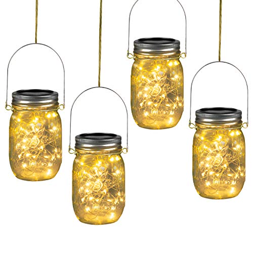 Moonflor Solar Mason Jar Lights Hanging Lights (Mason Jar & Hanger Included), 4 Pack 30 Led Starry Fairy String Hanging Jar Lights for Outdoor Patio Party Wedding Decor Lights, Warm White