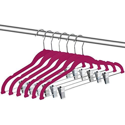 ZOYER Velvet Clothes Hangers with Clips - 12 Pack - Velvet Skirt Hangers - Non-Slip Pant Hangers (Pink)