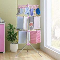 TOPmountain Three Tier Folding Laundry Washing Clothes Airer 1 pcs Stainless Steel Folds Drying Rack Space Saving Clothes Hanger Pink