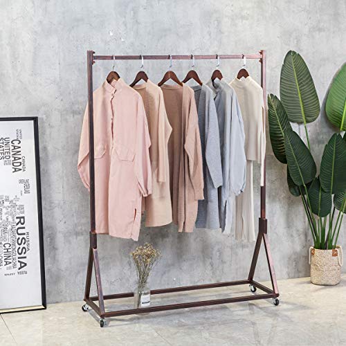FURVOKIA Modern Simple Heavy Duty Metal Rolling Garment Rack with Wheel,Retail Display Clothing Rack,Wrought Iron Single Rod Floor-Standing Hangers Clothes Shelves (Red Copper Square Tube, 47.2 L)