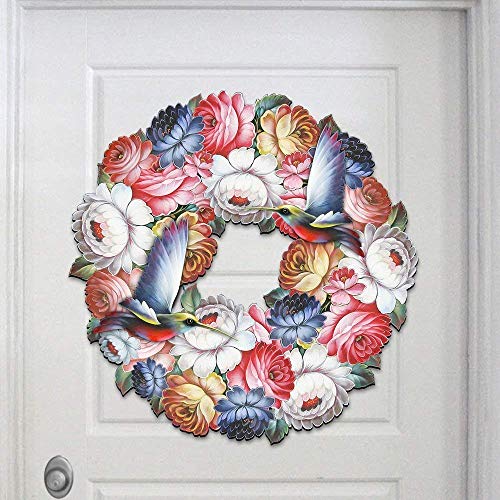Spring Wreath - Hummingbird Zhostovo Floral Wreath - Wooden Decorative Door Hanger/Wall Decoration #8185312H