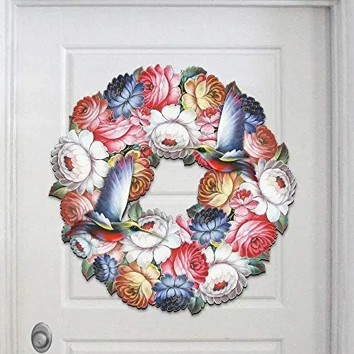 Spring Wreath - Hummingbird Zhostovo Floral Wreath - Wooden Decorative Door Hanger/Wall Decoration #8185312H
