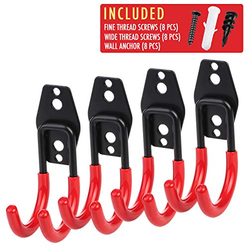 4pcs Garage Hooks for Hanging Ladder Hose Extension Cord Shovel Bike Chair Garden Tools, [UPGRADE VERSION] Wall Mount Hanger and Storage with Longer Screws Hardware Included and Anti Slip Rubber