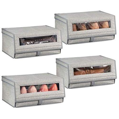 mDesign Fabric Large Storage Boxes Bin with Clear Window and Hinged Lid - Holder for Mens and Womens Dress Shoes, Boots, Pumps, Sandals, Flats - Modern Closet Organizer Solution, 4 Pack - Gray