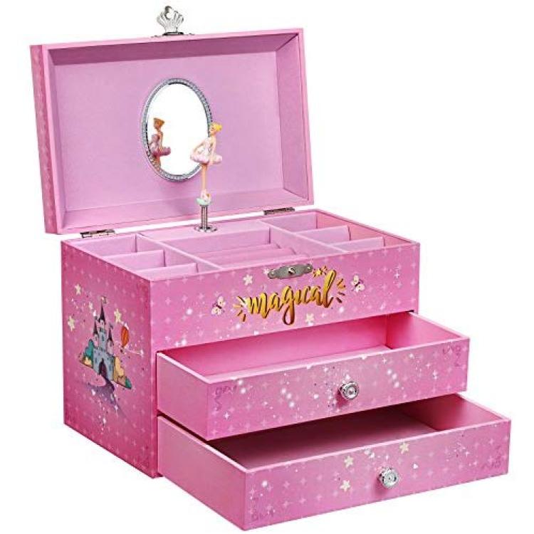 SONGMICS Ballerina Music Jewelry Box for Little Girls White