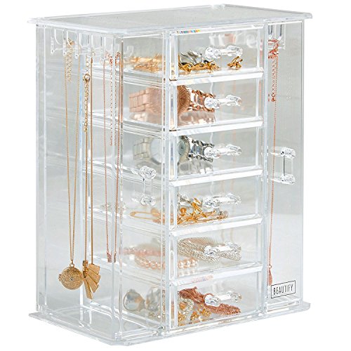 Beautify Clear Acrylic Jewelry Organizer Chest/Makeup Storage Boxes with 6 Drawers & Hanging Necklace Holder - Clear