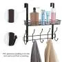 Coat Rack Over The Door Basket Hook Metal Shelf Organizer Black with 5 Hooks and Basket Storage Fit Well at Bedroom Kitchen Bathroom Office for Towels Hats