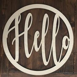 Unfinished Circle Hello Door Hanger - Everyday Modern Wreath - Neutral Door Hanger - Modern Welcome Sign - Year-round - Summer Winter