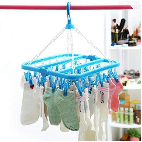 32 Clips Folding Clothes Hanger Dryer Plastic Clothespin Windproof Socks Underwear Drying Rack Closet Wardrobe Organizer 4pcs Random Color