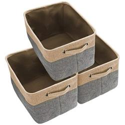 Awekris Large Storage Basket Bin Set [3-Pack] Storage Cube Boxes Foldable Canvas Fabric Collapsible Organizer with Handles for Home Office Closet, Grey/Tan (Grey)