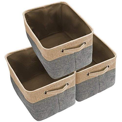 Awekris Large Storage Basket Bin Set [3-Pack] Storage Cube Boxes Foldable Canvas Fabric Collapsible Organizer with Handles for Home Office Closet, Grey/Tan (Grey)