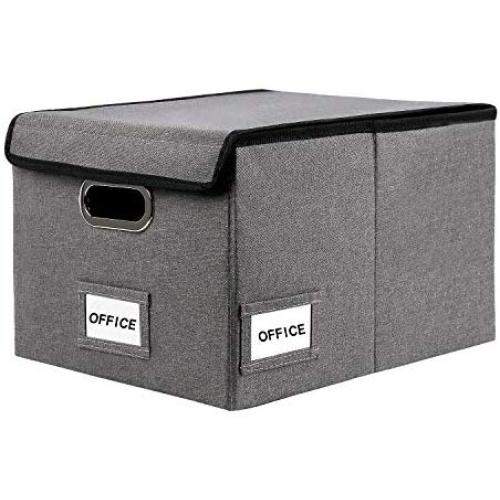 InStorages Collapsible File Boxes Storage Organizer with Lid，Decorative Linen Filing and Letter/Legal Storage Bins Grey(1 Pack)