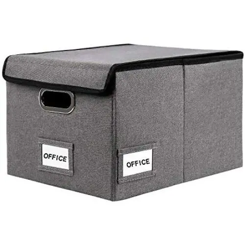 InStorages Collapsible File Boxes Storage Organizer with Lid，Decorative Linen Filing and Letter/Legal Storage Bins Grey(1 Pack)