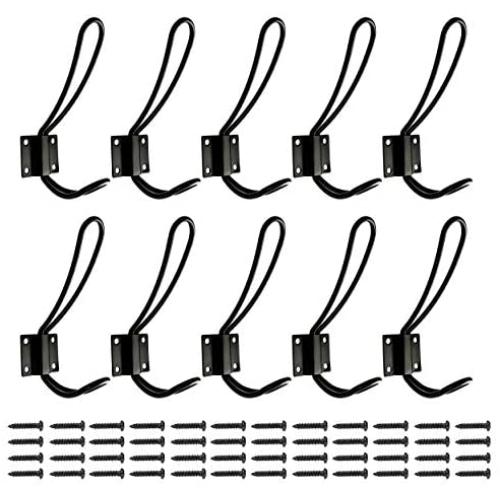 Rustic Entryway Hooks | 10 Pack of Black Wall Mounted Vintage Double Coat Hangers with Large Metal Screws Included