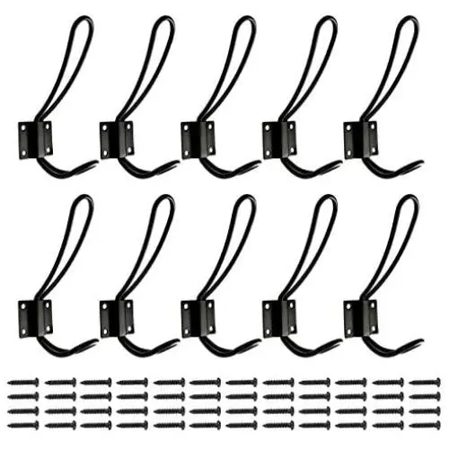 Rustic Entryway Hooks | 10 Pack of Black Wall Mounted Vintage Double Coat Hangers with Large Metal Screws Included