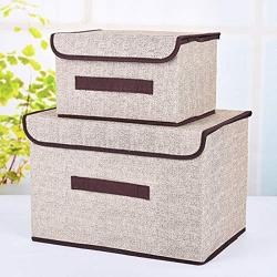 huilong Two-Piece Fashion Spinning Cotton Storage Boxes Folding Storage Boxes Two-Piece Clothing Storage Boxes (Beige White Set of 2)