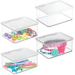 mDesign Stackable Plastic Bathroom Vanity Countertop or Dresser Storage Organizer Bin Boxes - Lid, Store Hair Brushes, Combs, Sprays, Nail Supplies, Makeup, Cosmetics, Blenders, 4 Pack - Clear