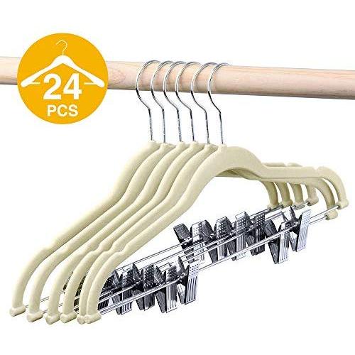 HOUSE DAY Velvet Skirt Hangers - Pack of 24 - Velvet Hangers with Clips Ultra Thin Non Slip Velvet Pants Hangers Space Saving Clothes Hanger (Beige)