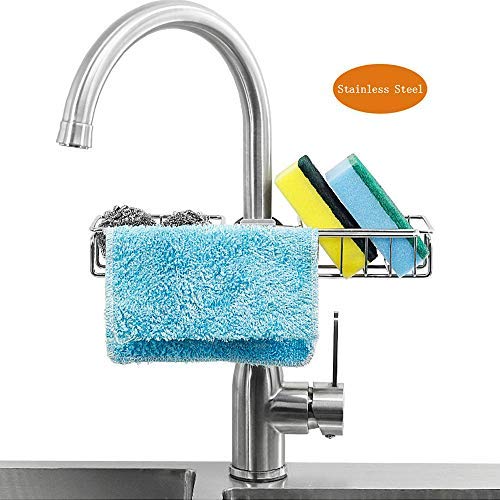 TuuTyss Stainless Steel Faucet Sink Caddy Sink Organizer,Holds Sponge for Kitchen Sink with Dish Cloth Hanger,Bathroom Faucet Rack Shower Caddy Holds Soap