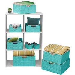 Sorbus Storage Boxes Woven Basket Bin Container Tote Cube Organizer Set Stackable Storage Basket Woven Strap Shelf Organizer Built-in Carry Handles (Aqua)