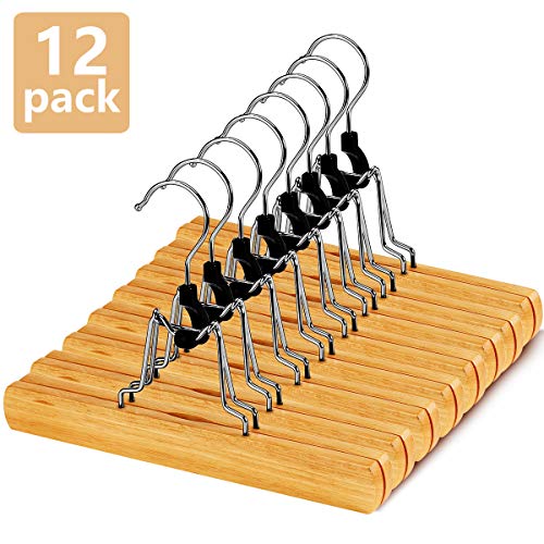 AMKUFO Natural Wooden Pants Hangers with Clips 12 Pack Non Slip Skirt Hangers Trouser Clamp Hanger Solid Wood Hanger with 360° Swivel Hook