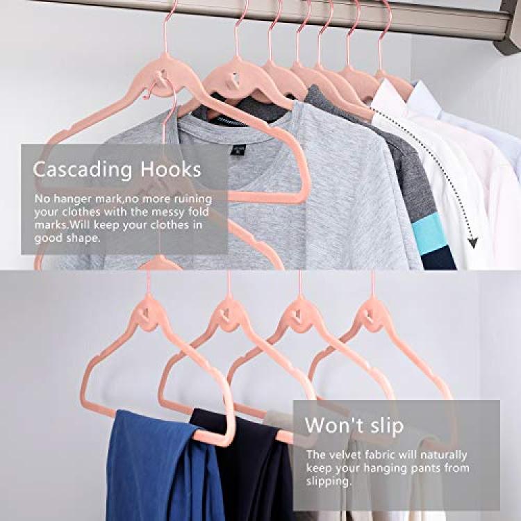 MIZGI Velvet Hangers (50 Pack) Heavy Duty - Non Slip Felt Hangers - Blush  Pink - Rose Gold 360 Degree Swivel Hooks,Space Saving Clothes