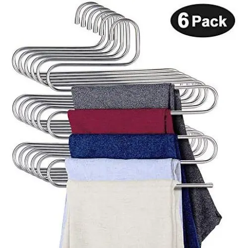 Eityilla S Type Clothes Pants Hangers Stainless Steel Space Saving Hangers 5 Layers Closet Storage Organizer for Jeans Trousers Tie Belt Scarf (6-Pieces) Eityilla S Type Clothes Pants Hangers Stainless Steel Space Saving Hangers 5 Layers Closet Storage Organizer for Jeans Trousers Tie Belt Scarf (6-Pieces)