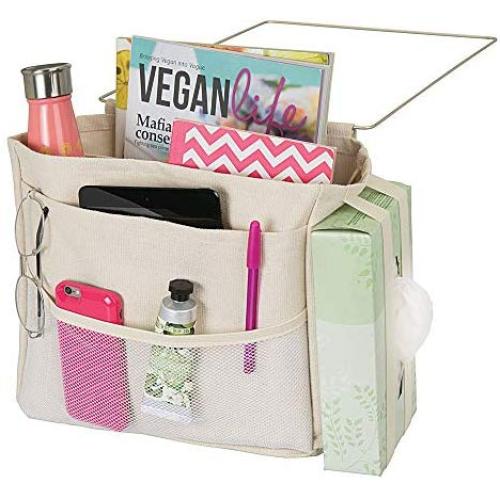 mDesign Bedside Hanging Storage Organizer Caddy Pocket - 5 Pockets, Elastic Side Straps for Tissue Boxes - Heavy Weight Cotton Canvas, Metal Wire Hanger - Cream/Satin