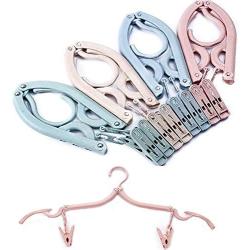 YOUOWO 4 PCS Portable Folding Clothes Hangers with 8 Hanger Clips for Scarves Suits Trousers Pants Shirts Socks Underwear for Travel Home (Blue Green Pink Beige)