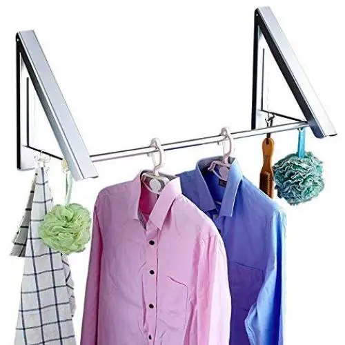 Clothes hanger QFFL Clothes Pole Wall Mounted Aluminum Folding Wall Hanger Rack Space Saving Clothes Storage Organiser for Laundry/Bathroom/Utility Room/Bedroom/with [Clothesline Pole] Hangers