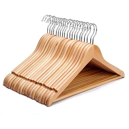 JS HANGER Wooden Suit Hangers Natural Finish Anti-Rust Hooks and Non-Slip Bar, 20 Pack