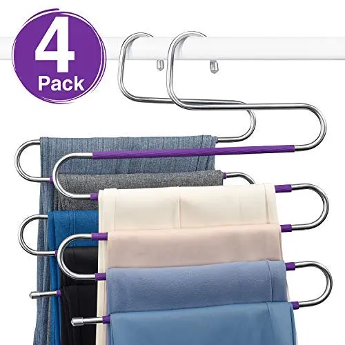 HOUSE DAY S-Shape Pants Hangers Space Saving Trousers Hangers 4 Pack, Non Slip Jeans Hanger Ideal Closet Organizer for Pants Jeans Scarfs Belts Ties, Purple HOUSE DAY S-Shape Pants Hangers Space Saving Trousers Hangers 4 Pack, Non Slip Jeans Hanger Ideal Closet Organizer for Pants Jeans Scarfs Belts Ties, Purple