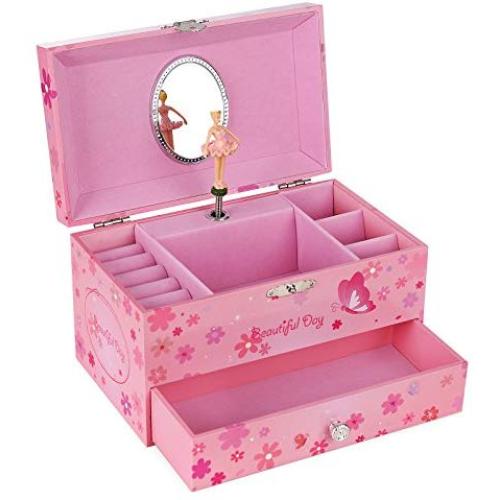 SONGMICS Ballerina Music Jewelry Boxes Storage Case with Drawer, Gift for Little Girls, Princess and Butterfly, Pink UJMC003