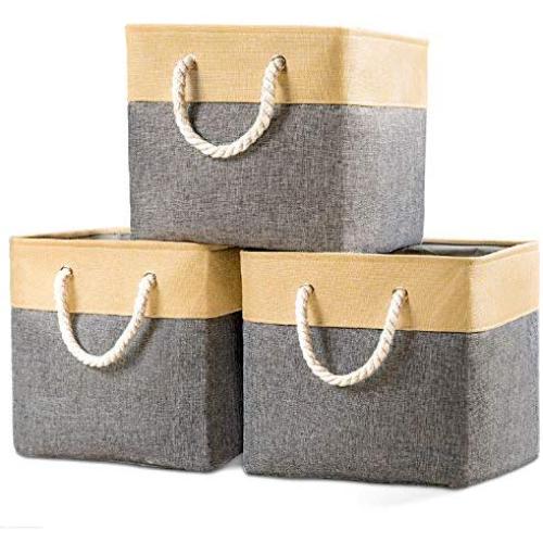 Prandom Large Foldable Cube Storage Baskets Bins 13x13 inch [3-Pack] Fabric Linen Collapsible Storage Bins Cubes Drawer with Cotton Handles Organizer for Shelf Toy Nursery Closet Bedroom(Gray/Beige)…