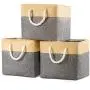 Prandom Large Foldable Cube Storage Baskets Bins 13x13 inch [3-Pack] Fabric Linen Collapsible Storage Bins Cubes Drawer with Cotton Handles Organizer for Shelf Toy Nursery Closet Bedroom(Gray/Beige)…